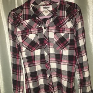 white black maroon plaid shirt. Shoulder studs.